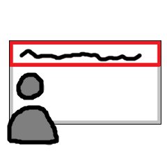 An empty white name tag with a red box at the top containing a black squiggle to represent text. Over the lower left corner is the outline of a person, colored gray.